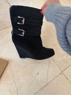 Michael Kors size 7.5 Black Suede Wedge Ankle Boots with Buckle Detail